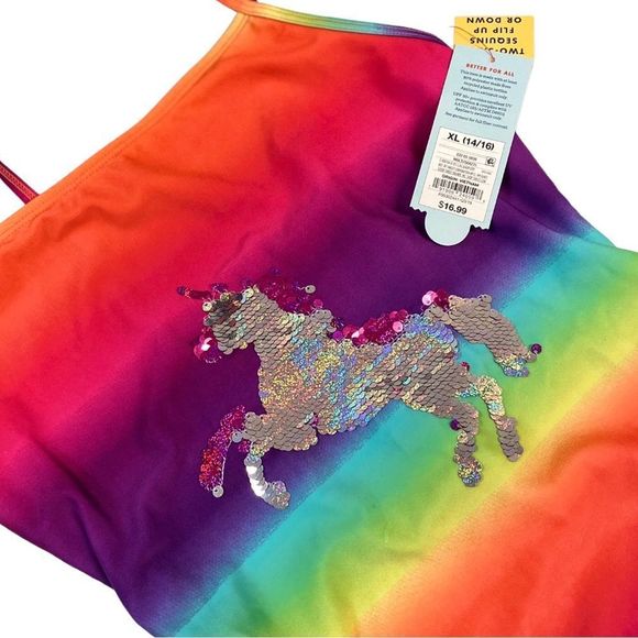 Girls tie dye unicorn full piece swimsuit 14/16 rainbow one piece - Picture 2 of 8